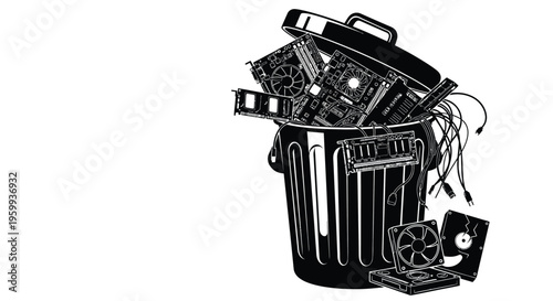 Discarded computer components overflowing from a trash can black silhouette