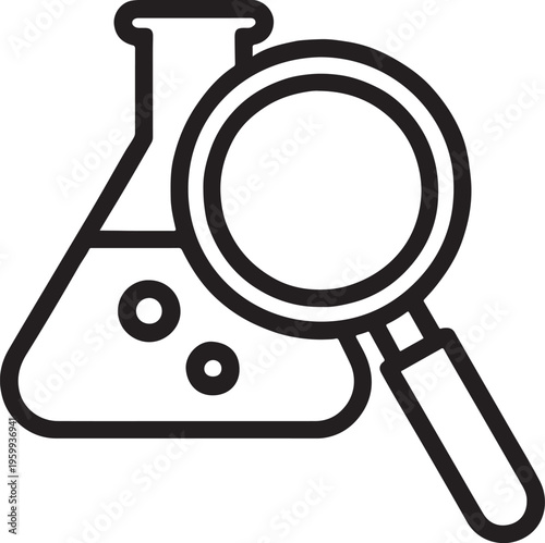 Laboratory boiling flask magnifying glass analysis vector icon