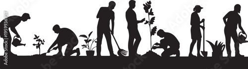 People planting and caring for plants in a community garden