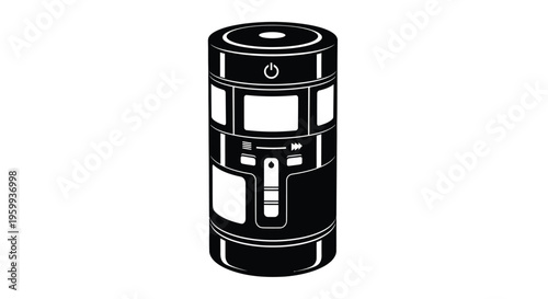 Modern cylindrical device with a power button and display black silhouette