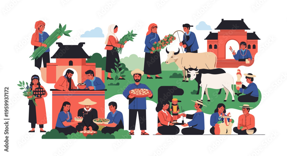 Fototapeta premium Diverse Asian Traditions: Rural Community Life, Farming, Food Culture, and Folk Craftsmanship Illustration