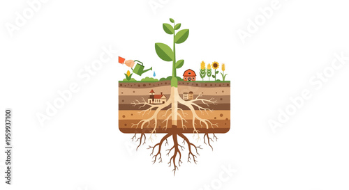 Sustainable Growth Concept: Interconnected Roots, Agriculture, and Urban Development in Soil