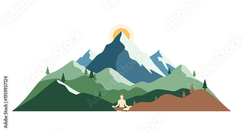 Mindful Meditation in Peaceful Mountain Landscape at Sunrise - Serene Nature Illustration