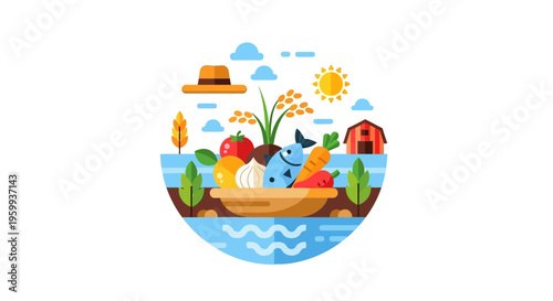 Fresh Farm Produce & Sustainable Agriculture Illustration: Healthy Harvest, Rural Life, and Natural Food Abundance in Flat Design