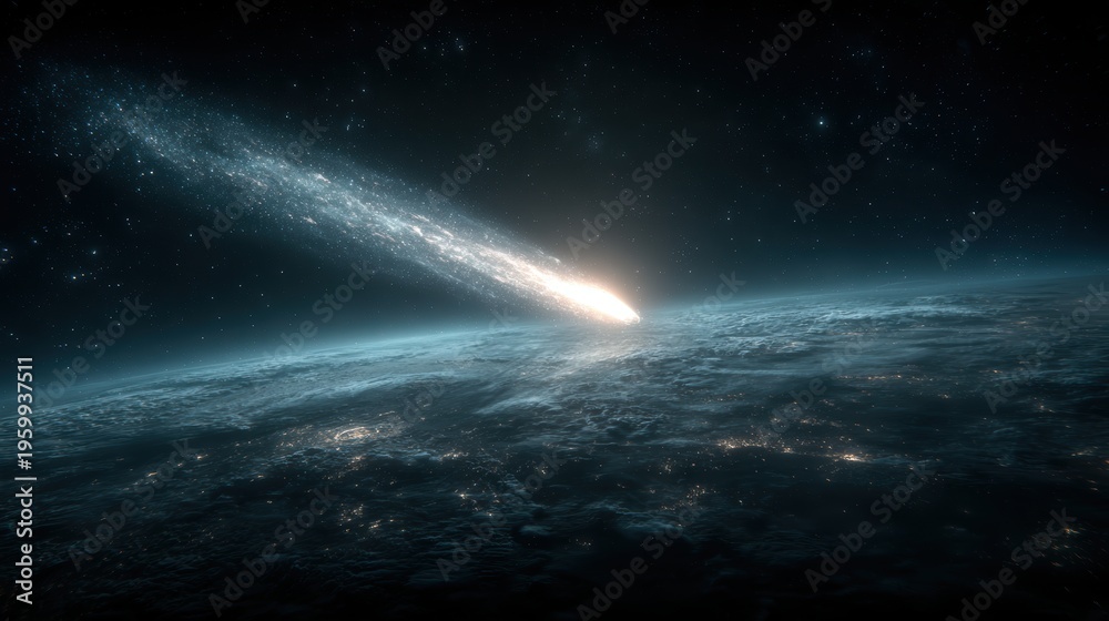 Fototapeta premium Space universe exploration, fantasy. A vivid, highresolution digital artwork depicts a celestial scene. The main subject is the Earth, illuminated by a radiant light source emanating from its surface.