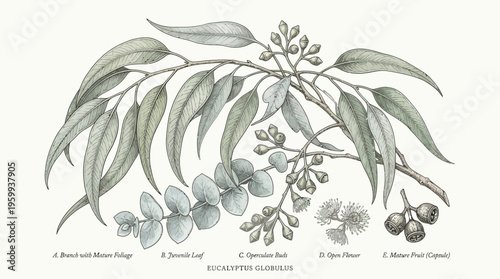 Eucalyptus plant with various parts labeled.