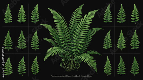 Collection of various green fern leaf illustrations.