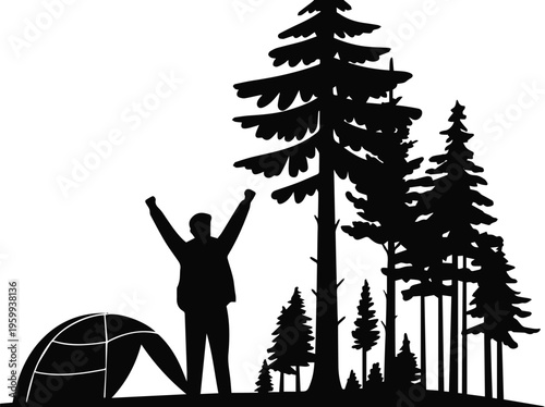 Hiker raising arms beside tent in forest clearing