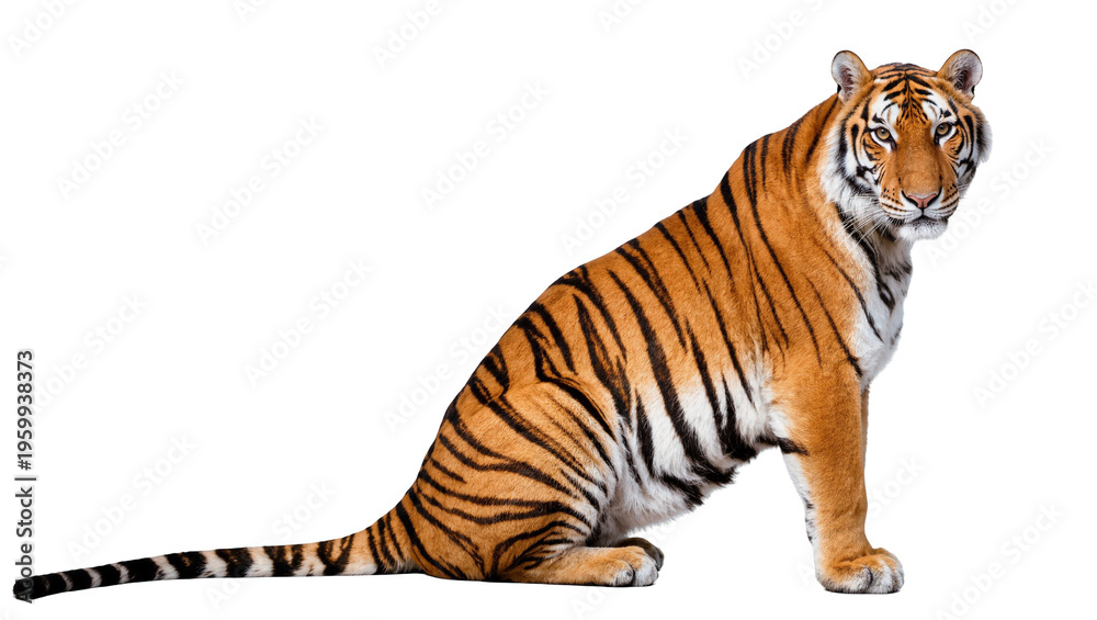 Obraz premium Majestic adult Bengal tiger sitting patiently, turning head to gaze intensely forward.