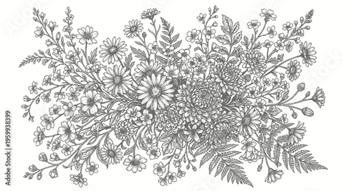 A beautiful floral arrangement with various flowers and leaves.