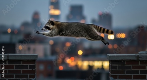 Raccoon jumping over city wall at dusk.