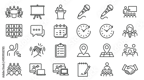 Set of 25 Meeting and Presentation Line Icons Vector