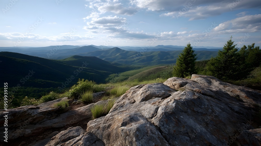 Fototapeta premium Expansive mountain panorama from a rocky summit with green valleys and a cloudy sky