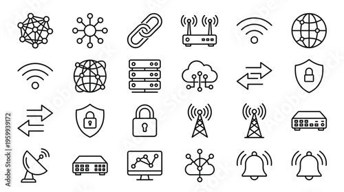 Set of 25 Black Line Icon Network and Communication Vector