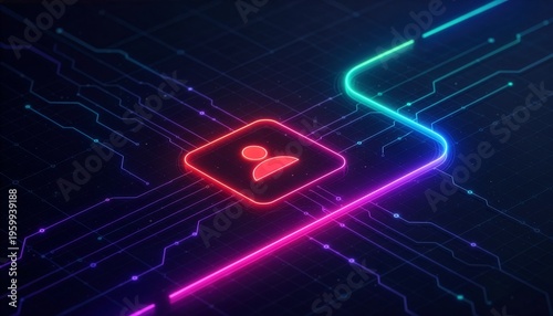 Abstract digital concept with user icon symbolizing online identity and networking. The glowing lines form circuit pathways, representing data flow