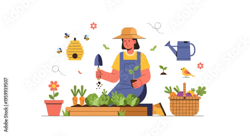 Woman Gardening in Raised Bed with Fresh Vegetables, Bees, and Nature Elements - Homegrown Food & Sustainable Living Illustration