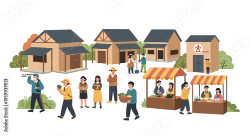 Vibrant Rural Village Community Life: Flat Illustration of People at Local Market Stalls, Traditional Houses & Social Interactions