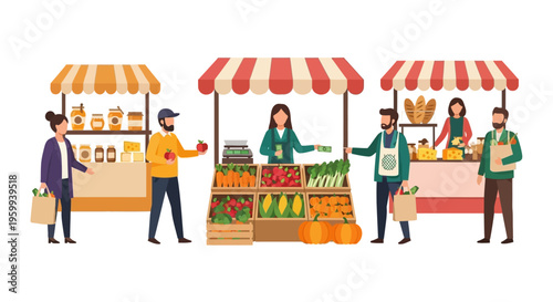 Lively Farmers Market Scene with People Shopping for Fresh Produce, Bread, Cheese, and Local Goods. Flat Vector Illustration.