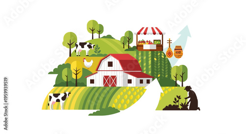 Sustainable Agriculture & Local Farm Economy Growth. Vibrant illustration of a farm with barn, crops, livestock, farmer's market, and upward arrow.