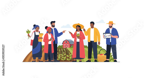 Diverse Group of Farmers and Agricultural Experts Collaborating on a Sustainable Farm Project, Integrating Technology and Modern Techniques