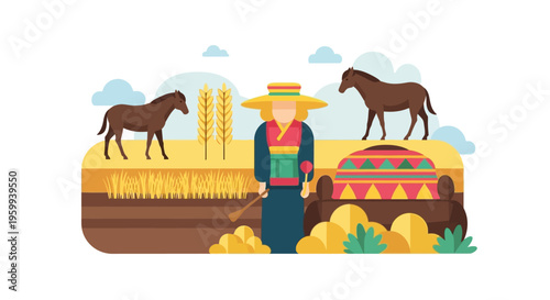 Traditional Farmer with Horses and Wheat Fields: Rural Agriculture & Livestock Flat Design Vector