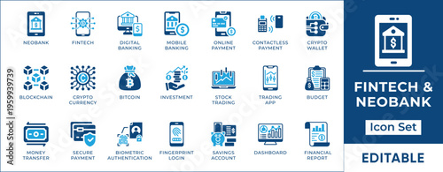 Fintech and neobank icon set. Digital banking, cryptocurrency wallet, online payment, blockchain, stock trading and financial investment vector symbols.