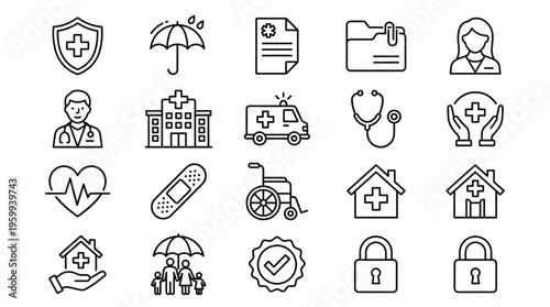Set of 20 Black Outline Medical and Healthcare Icons Vector