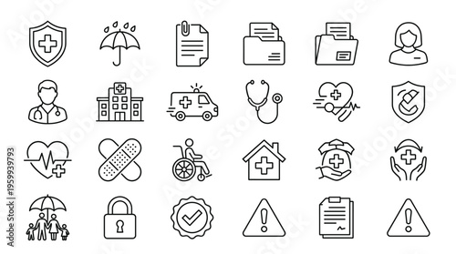 Set of 24 Outline Medical and Health Insurance Vector Icons