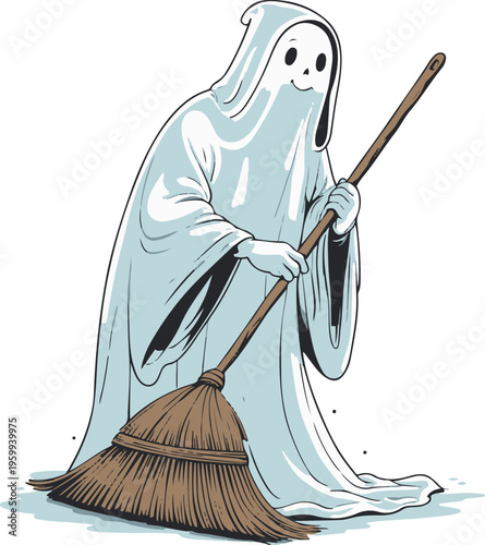 Ghost cleaning floor with broom, flat vector illustration, bold black outline, minimal sticker style, white background