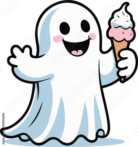 Ghost holding ice cream happily, flat vector illustration, bold black outline, clean minimal design, white background 2