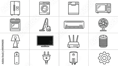 Set of 16 Household Appliance Line Icons Vector