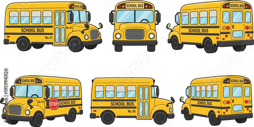 Yellow school bus vector set from different angles including front side and back views on white background