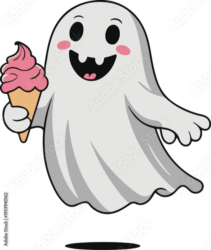 Ghost holding ice cream happily, flat vector illustration, bold black outline, clean minimal design, white background