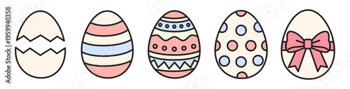 Linear Easter egg icons with editable stroke and soft color fill, featuring clean outlines, pastel palette and minimal geometric holiday design.