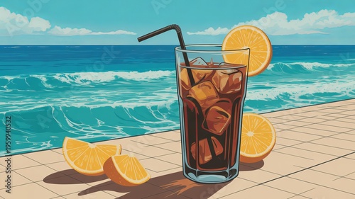 Tall glass of iced cola with orange slices by the ocean waves iced drink beverage