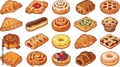 Vector collection of various sweet pastries, delicious bakery products, and gourmet desserts on white background