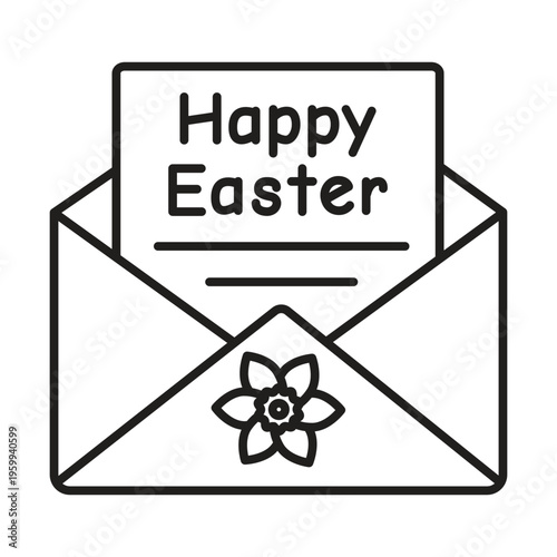 Vector line icon of an open envelope containing a card with Happy Easter text and a floral seal. Features a clean minimalist style with an editable stroke.