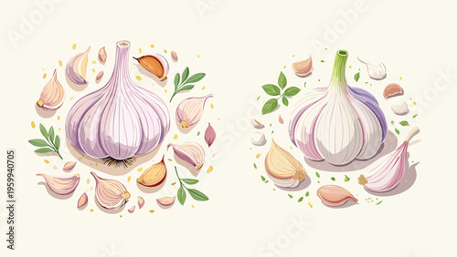 Vibrant illustrative arrangements of fresh garlic bulbs, individual cloves, and aromatic green herbs, perfect for culinary projects
