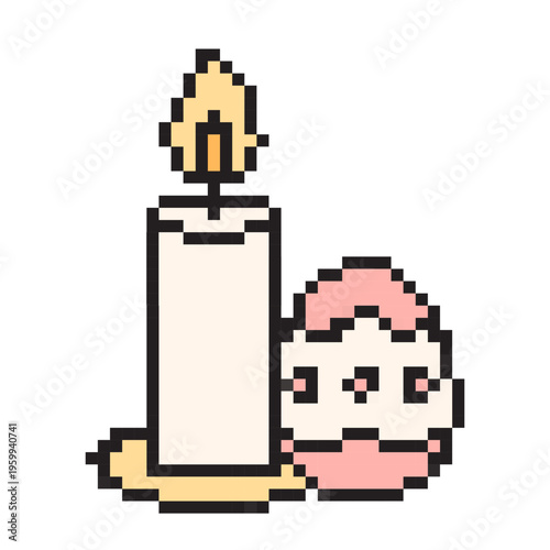 Retro pixel art burning candle and decorated Easter egg. 8-bit vector illustration. Minimalist religious faith symbol and holiday tradition graphic. Spiritual pixelated icon.