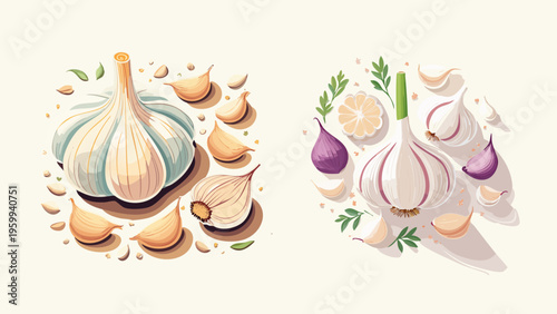 Vibrant illustrations of fresh garlic bulbs and cloves, depicting essential culinary ingredients for healthy cooking and flavorful dishes, perfect for recipe design