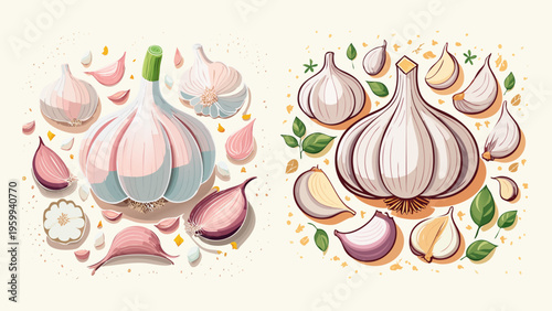 Charming Hand-Drawn Garlic Illustrations Set with Bulbs, Cloves, and Green Leaves for Culinary Design and Healthy Eating Concepts