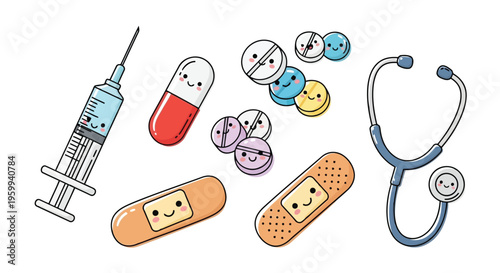 Colorful cartoon medical icons with smiling faces isolated on white background