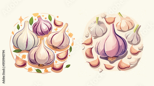Vibrant and fresh graphic illustrations showcasing healthy garlic bulbs and separated cloves, perfect for culinary projects, kitchen decor, and healthy food concepts