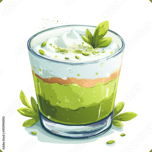 Vector illustration of layered matcha or spinach tiramisu dessert in glass, isolated on white background