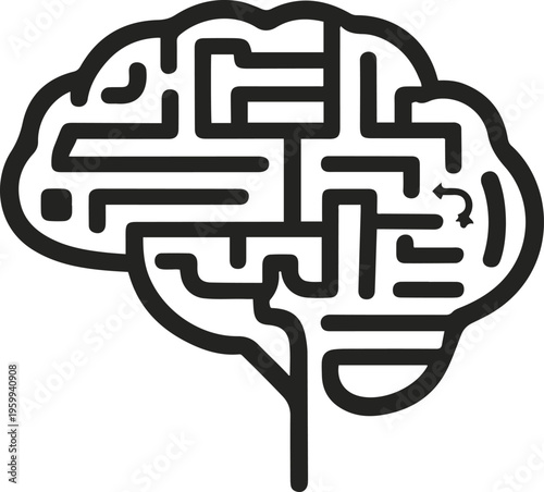Simple brain shape, inside it a clean maze path (thinking = problem solving)