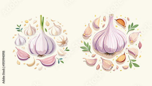 Vibrant illustrated collection of natural garlic bulbs and cloves, artfully arranged with green herbs, symbolizing flavor, health, and culinary freshness for kitchen and wellness designs