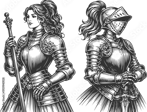 Female Knight in Armor Medieval Warrior Woman Vintage Engraving Set