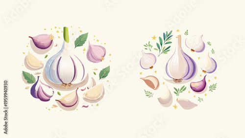 Artistic Illustration of Fresh Garlic Bulbs and Separated Cloves, Enhanced with Green Herbs, Representing Essential Culinary Flavor and Healthy Cooking Ingredients for Diverse Kitchen Creations