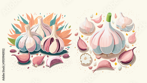 Beautifully illustrated collection of fresh garlic, showcasing whole bulbs and individual cloves in a charming pastel art style, perfect for culinary inspiration and healthy food designs