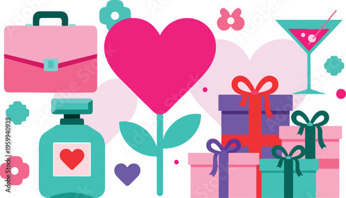 Valentine's Day icons, gifts, hearts, beauty products, colorful vector set
